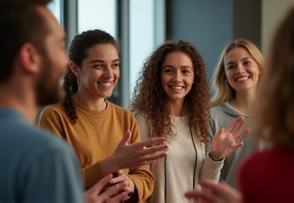 Group of students practicing acting techniques, laughing and interacting positively in a class setting