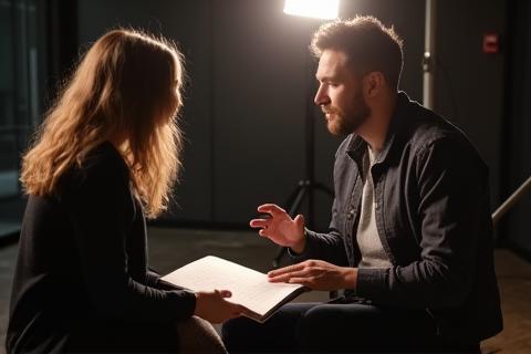 Instructor providing one-on-one coaching to a student, both seated and looking at a script, showing personalized guidance