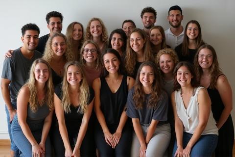 Group photo of happy students and faculty members smiling in the studio, representing the community aspect