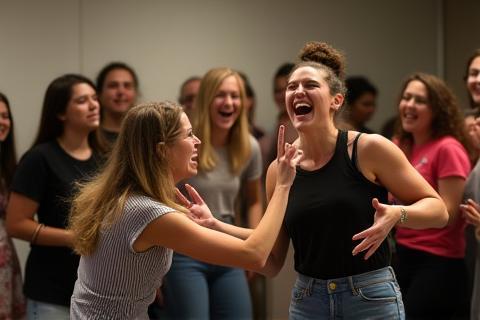 Students laughing and interacting during an improv game, showcasing the fun and spontaneous nature of the workshop