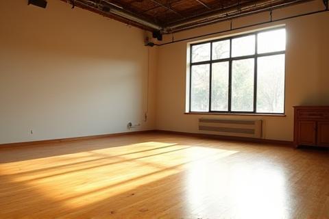 Wide view inside the spacious acting studio with wooden floors and large windows, looking warm and inviting