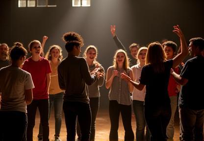 Group of students playing a dynamic improv game, laughing and interacting spontaneously, showcasing creativity and teamwork