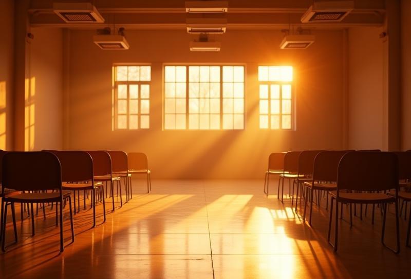 Warmly lit interior of an acting studio with chairs arranged for a class or performance