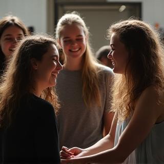 Group of students laughing together in a studio, demonstrating a supportive and collaborative environment